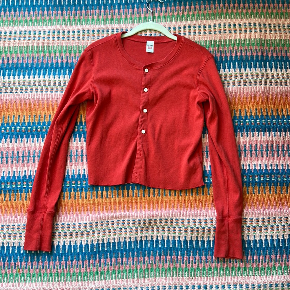 RE/DONE x Hanes Red Cotton Cardigan in Vintage Red